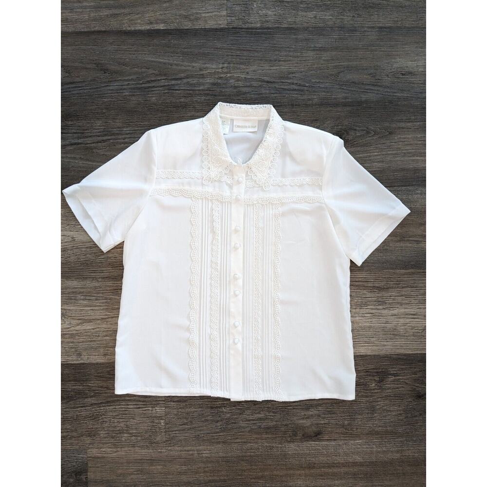 VTG Romantic Womens Size 6P Ivory Lace Collar Pleated Button Up Sheer Blouse